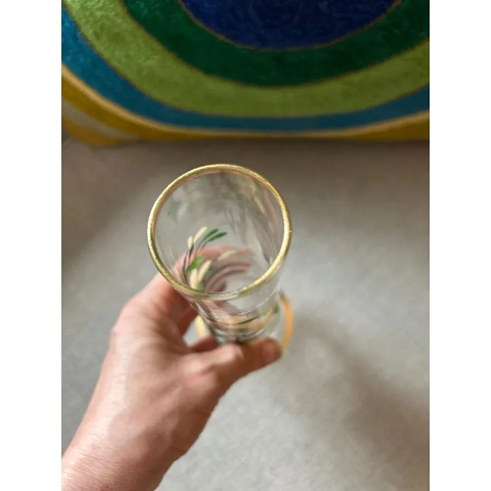 Vintage Hand-painted Pedestal GLASS VASE Painted Flowers Floral Gold Rim 8.25